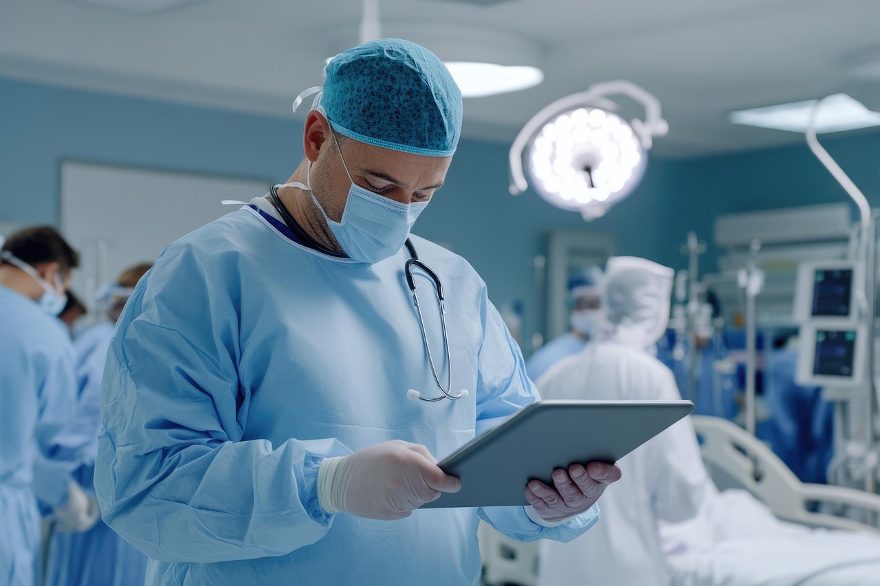 ai generated, surgeon, hospital surgery, medical, hospital, surgery, doctor, tablet, operating room, healthcare, surgeon tablet, operating, technology, analysis